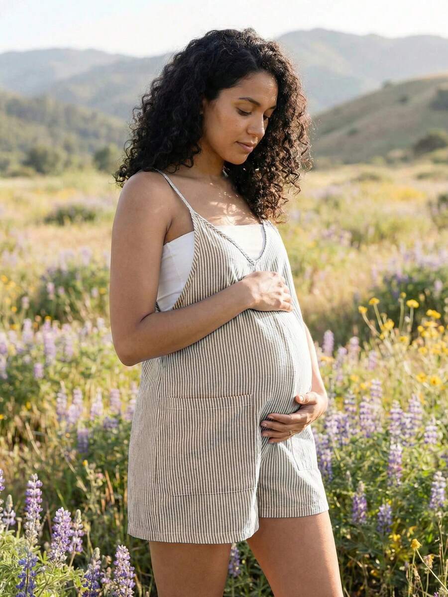 Coffee Brown Striped V-Neck Maternity Romper - Sleeveless Cotton Summer Vacation Jumpsuit with Bow Detail and Loose Fit