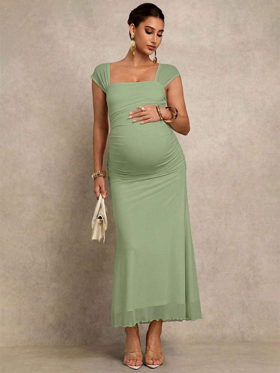 Pregnant Women's Solid Color Square Neck Ruched Fitted Fishtail Hem Elegant Dress Valentines Day Dress Elegant Dresses For Party