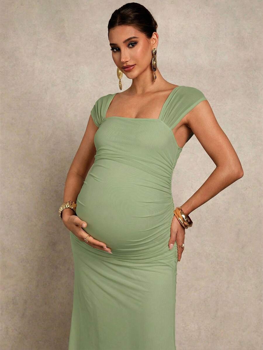 Maternity Bodycon Dress - Square Neck, Cap Sleeve, Mermaid Hem, Slim Fit, Green