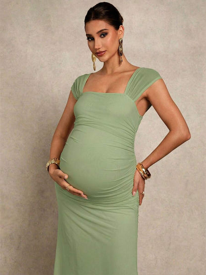 Maternity Bodycon Dress - Square Neck, Cap Sleeve, Mermaid Hem, Slim Fit, Green