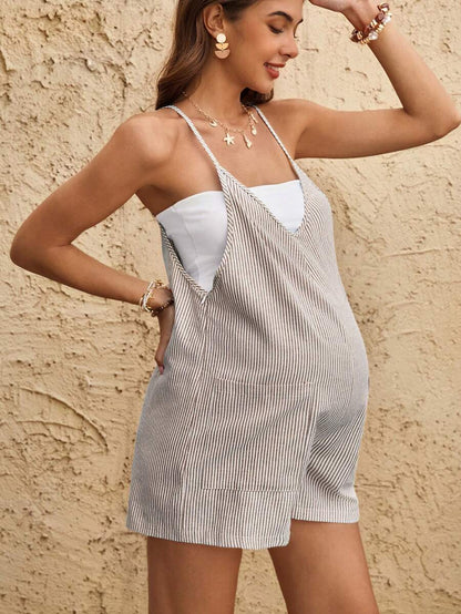 Coffee Brown Striped V-Neck Maternity Romper - Sleeveless Cotton Summer Vacation Jumpsuit with Bow Detail and Loose Fit