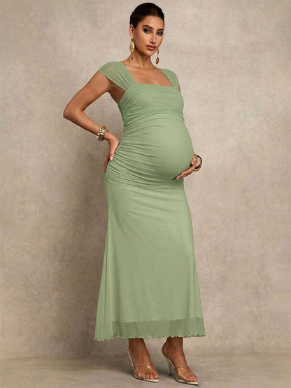 Maternity Bodycon Dress - Square Neck, Cap Sleeve, Mermaid Hem, Slim Fit, Green