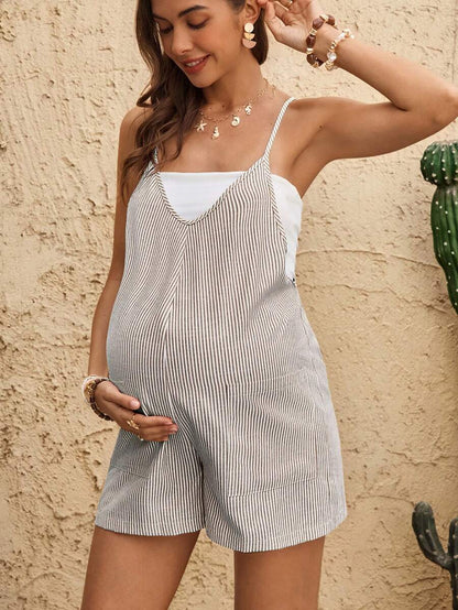 Coffee Brown Striped V-Neck Maternity Romper - Sleeveless Cotton Summer Vacation Jumpsuit with Bow Detail and Loose Fit