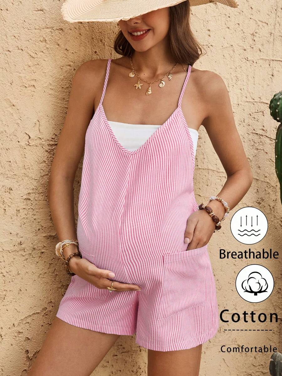 Coffee Brown Striped V-Neck Maternity Romper - Sleeveless Cotton Summer Vacation Jumpsuit with Bow Detail and Loose Fit