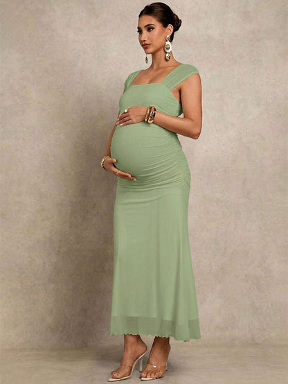 Pregnant Women's Solid Color Square Neck Ruched Fitted Fishtail Hem Elegant Dress Valentines Day Dress Elegant Dresses For Party