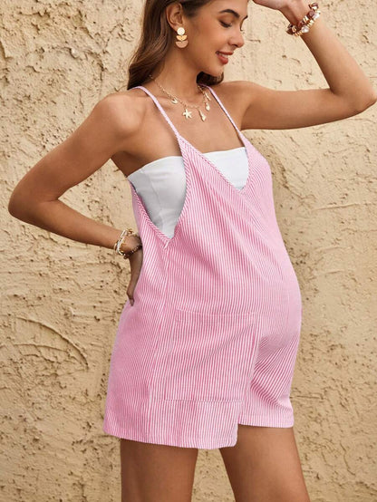 Coffee Brown Striped V-Neck Maternity Romper - Sleeveless Cotton Summer Vacation Jumpsuit with Bow Detail and Loose Fit