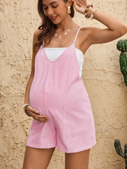 Coffee Brown Striped V-Neck Maternity Romper - Sleeveless Cotton Summer Vacation Jumpsuit with Bow Detail and Loose Fit