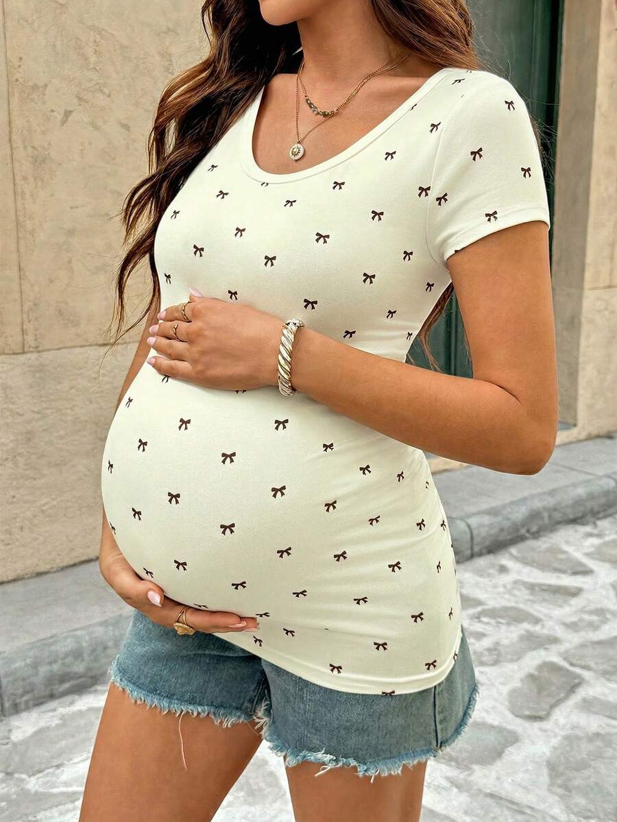 Black Maternity Bow Print Slim Fit T-Shirt with Square Neck and Padded Shoulders Elegant Short Sleeve Knitted Pregnancy Top for Night Out