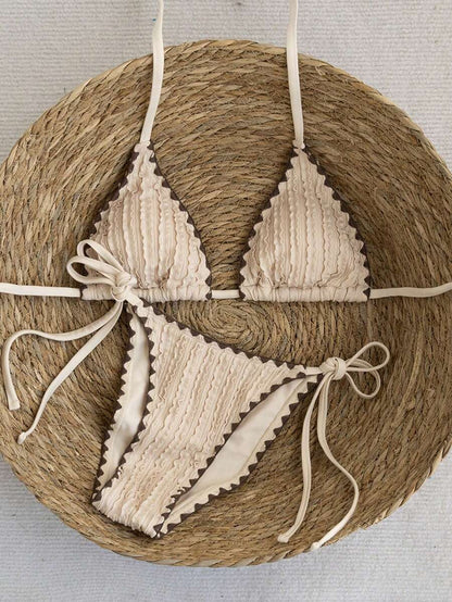 Women's 2-Piece Patchwork Bikini Set - Deep V Halter Tie, Triangle Cup, Multicolor