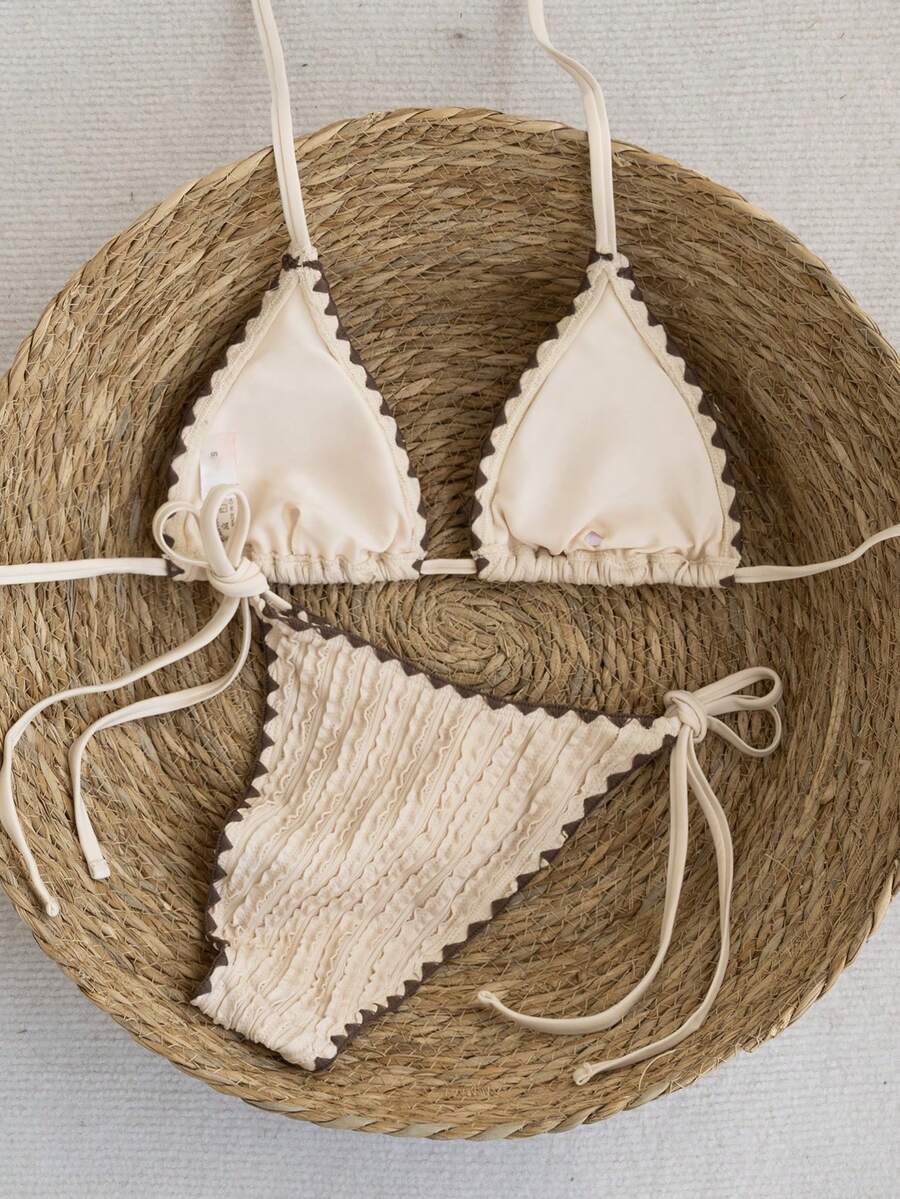 Women's 2-Piece Patchwork Bikini Set - Deep V Halter Tie, Triangle Cup, Multicolor