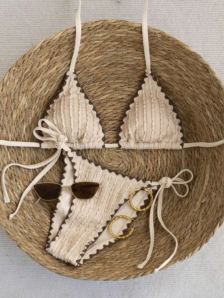 Women's 2-Piece Patchwork Bikini Set - Deep V Halter Tie, Triangle Cup, Multicolor