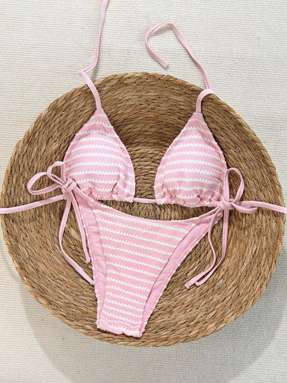 Swim Vcay Women's Summer Beach Contrast Color Halter Tie Sexy Bikini And Triangle Panty Swimwear Set Blue Bikini Yacht Party Outfit Vacation Bikini Boat Party Outfit Women Tie Side Bikini Triangle Bikini Set Light Blue Bikini