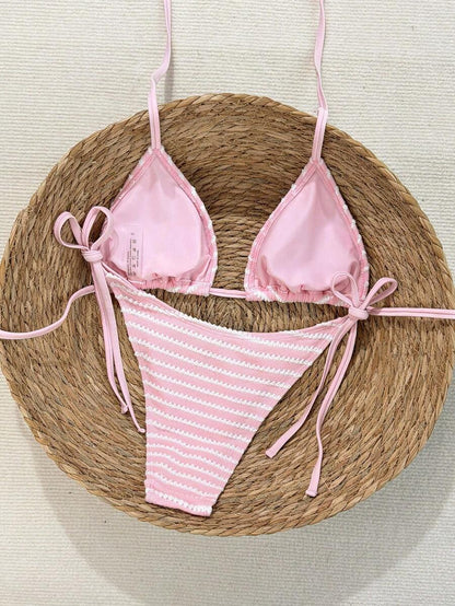 Swim Vcay Women's Summer Beach Contrast Color Halter Tie Sexy Bikini And Triangle Panty Swimwear Set Blue Bikini Yacht Party Outfit Vacation Bikini Boat Party Outfit Women Tie Side Bikini Triangle Bikini Set Light Blue Bikini