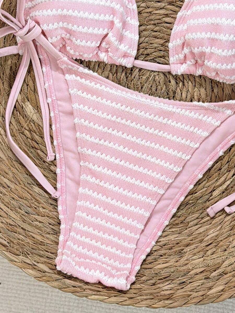 Swim Vcay Women's Summer Beach Contrast Color Halter Tie Sexy Bikini And Triangle Panty Swimwear Set Blue Bikini Yacht Party Outfit Vacation Bikini Boat Party Outfit Women Tie Side Bikini Triangle Bikini Set Light Blue Bikini