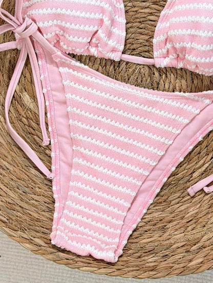 Swim Vcay Women's Summer Beach Contrast Color Halter Tie Sexy Bikini And Triangle Panty Swimwear Set Blue Bikini Yacht Party Outfit Vacation Bikini Boat Party Outfit Women Tie Side Bikini Triangle Bikini Set Light Blue Bikini