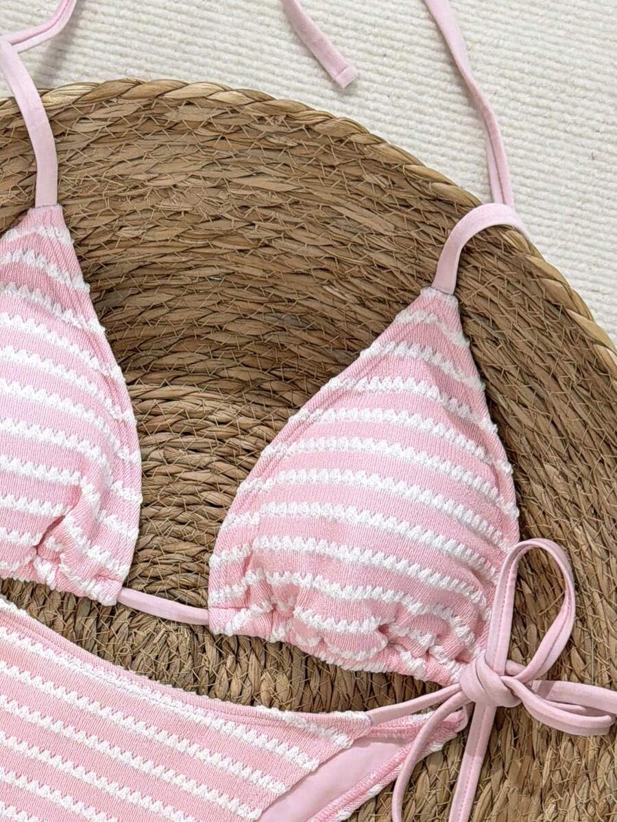 Swim Vcay Women's Summer Beach Contrast Color Halter Tie Sexy Bikini And Triangle Panty Swimwear Set Blue Bikini Yacht Party Outfit Vacation Bikini Boat Party Outfit Women Tie Side Bikini Triangle Bikini Set Light Blue Bikini