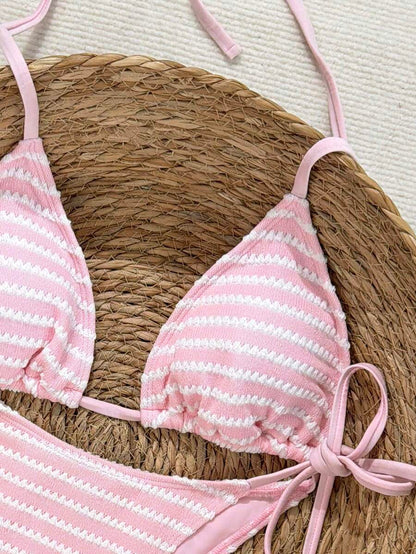 Swim Vcay Women's Summer Beach Contrast Color Halter Tie Sexy Bikini And Triangle Panty Swimwear Set Blue Bikini Yacht Party Outfit Vacation Bikini Boat Party Outfit Women Tie Side Bikini Triangle Bikini Set Light Blue Bikini