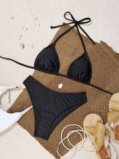 Swim Vcay 2026 Spring/Summer Women's Spaghetti Strap Halter Neck Black Base White Polka Dot Random Print Sweet Cute Side High Cut Bikini Swimwear 2-Piece Set Vacation Bikini Set Pink Bikini Set High Leg Bikini Set Modest Bikini Set Bikini Set