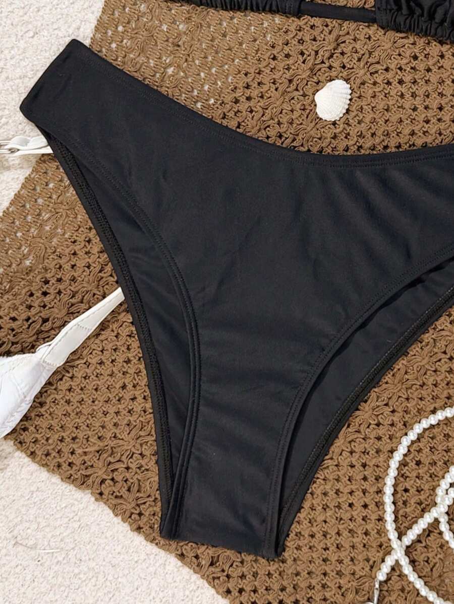 Swim Vcay 2026 Spring/Summer Women's Spaghetti Strap Halter Neck Black Base White Polka Dot Random Print Sweet Cute Side High Cut Bikini Swimwear 2-Piece Set Vacation Bikini Set Pink Bikini Set High Leg Bikini Set Modest Bikini Set Bikini Set