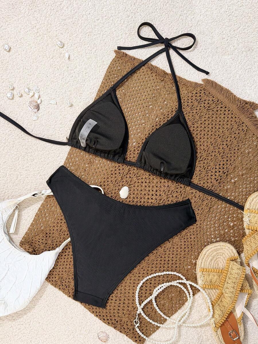 Swim Vcay 2026 Spring/Summer Women's Spaghetti Strap Halter Neck Black Base White Polka Dot Random Print Sweet Cute Side High Cut Bikini Swimwear 2-Piece Set Vacation Bikini Set Pink Bikini Set High Leg Bikini Set Modest Bikini Set Bikini Set