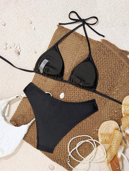 Swim Vcay 2026 Spring/Summer Women's Spaghetti Strap Halter Neck Black Base White Polka Dot Random Print Sweet Cute Side High Cut Bikini Swimwear 2-Piece Set Vacation Bikini Set Pink Bikini Set High Leg Bikini Set Modest Bikini Set Bikini Set