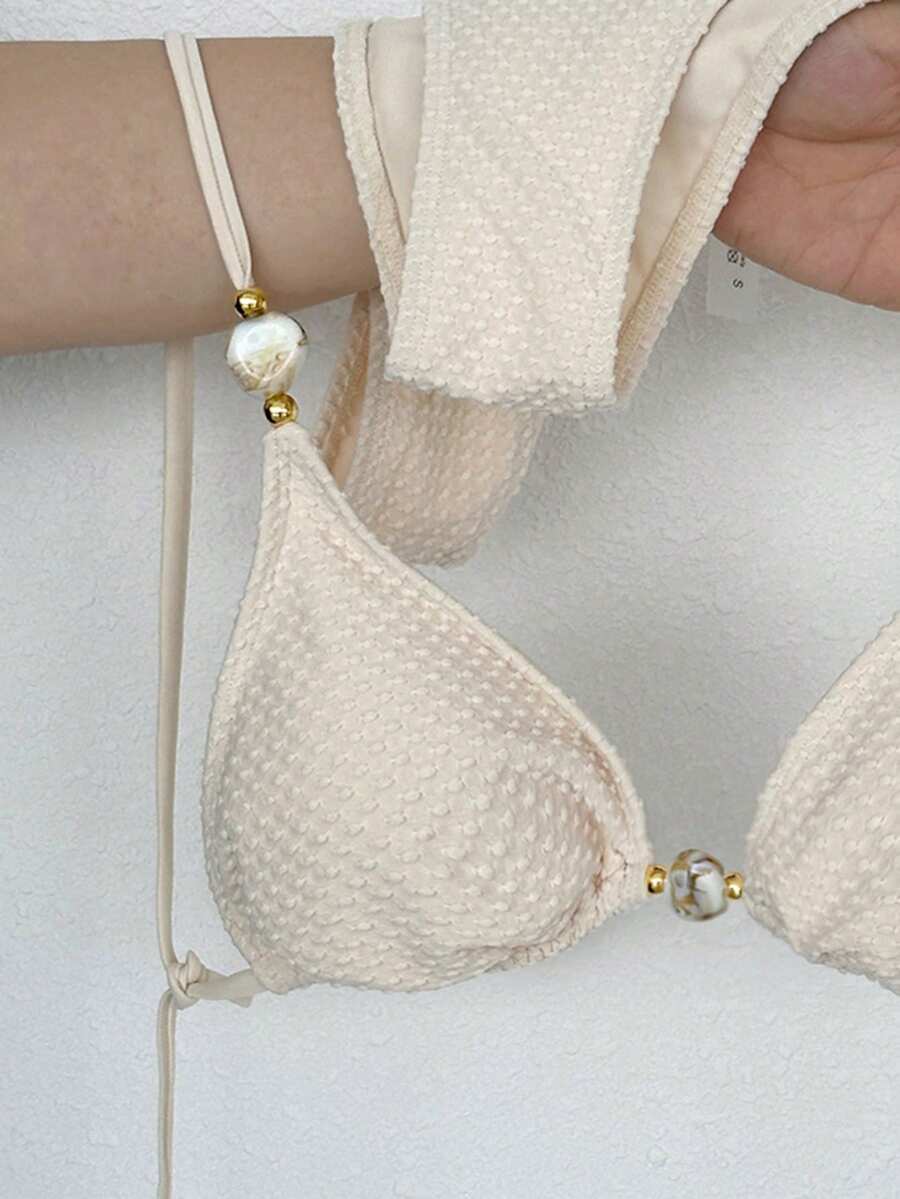 Swim Vcay Women's Summer Beach Contrast Color Halter Tie Sexy Bikini And Triangle Panty Swimwear Set Blue Bikini Yacht Party Outfit Vacation Bikini Boat Party Outfit Women Tie Side Bikini Triangle Bikini Set Light Blue Bikini