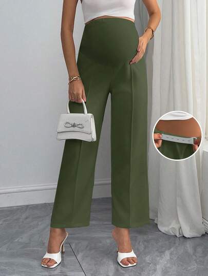 Maternity Straight Leg Pants - Elastic High Waist, Casual & Office, Long, Army Green