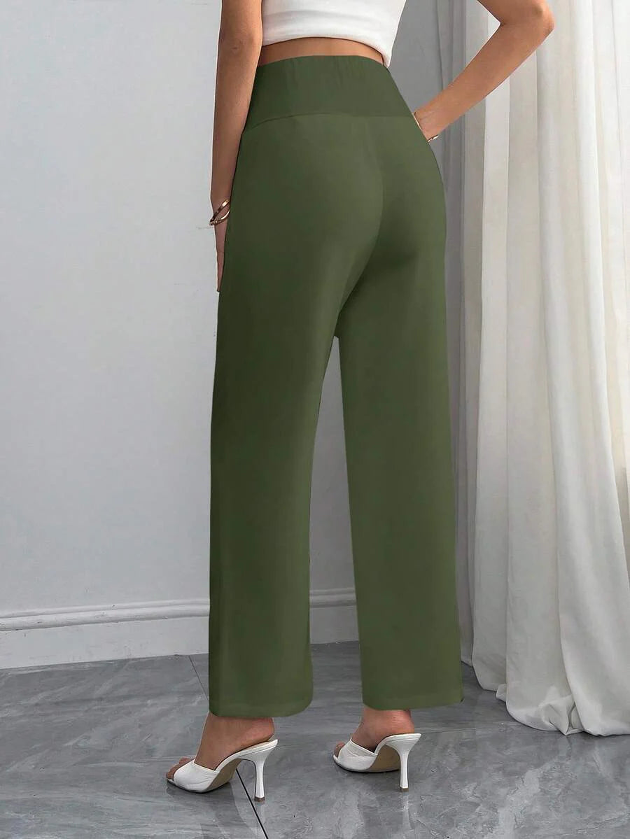 Maternity Straight Leg Pants - Elastic High Waist, Casual & Office, Long, Army Green