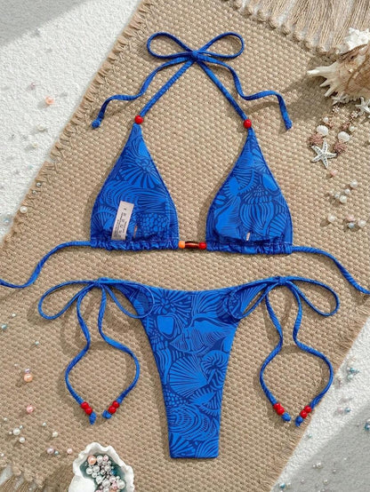 Swim Vcay New Women's Fashion Sexy Orange Floral Print Side With Red Bead Detail Bikini Set For Beach, Vacation, Pool, Spring & Summer