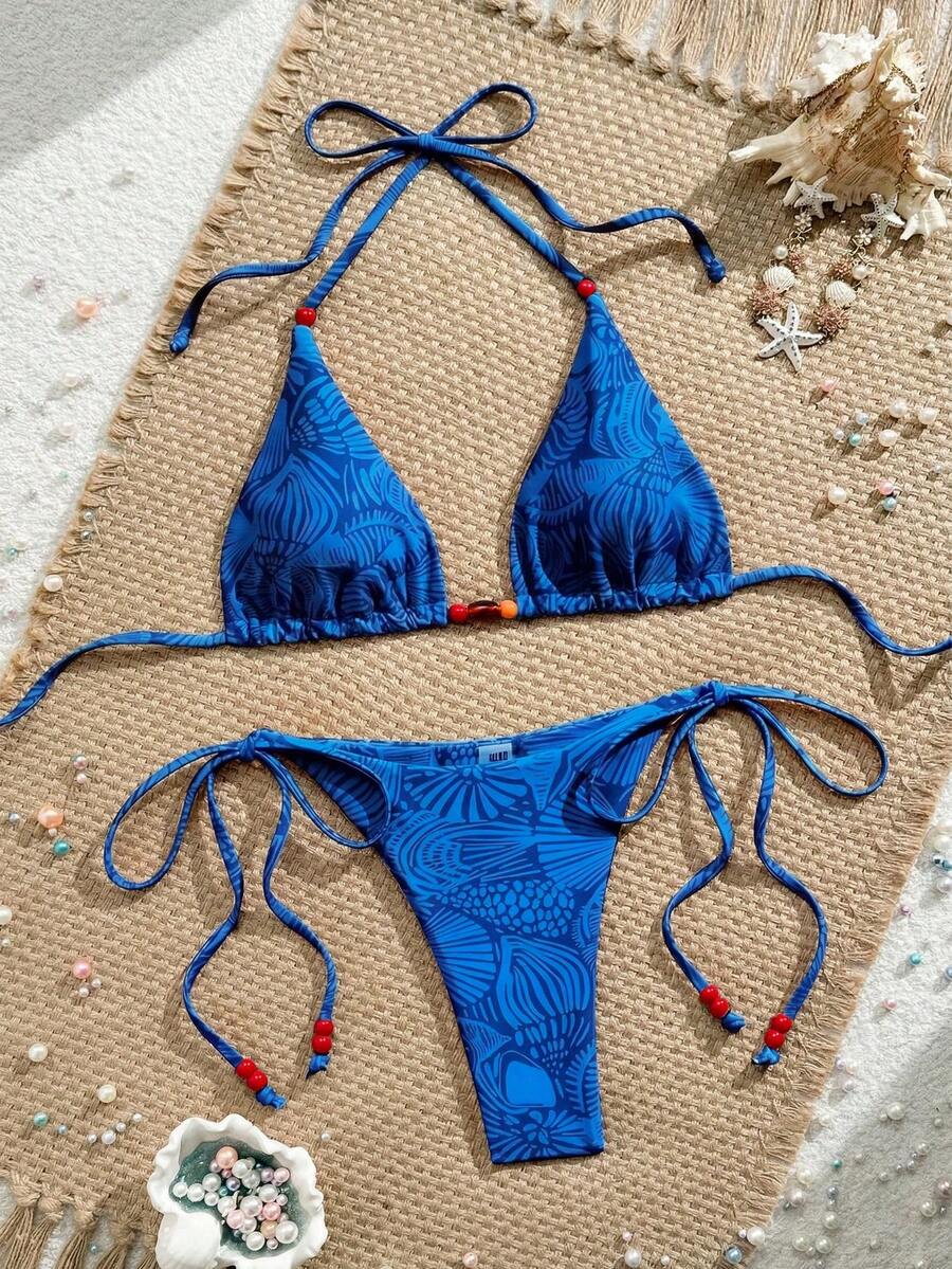 Swim Vcay New Women's Fashion Sexy Orange Floral Print Side With Red Bead Detail Bikini Set For Beach, Vacation, Pool, Spring & Summer