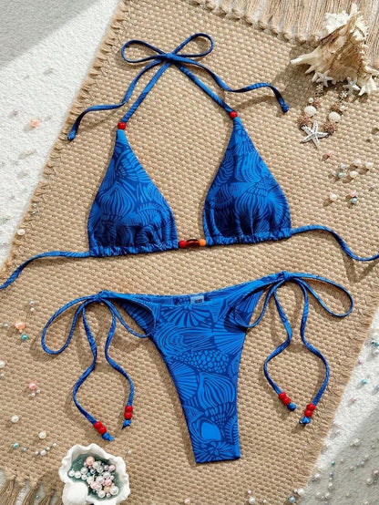 Swim Vcay New Women's Fashion Sexy Orange Floral Print Side With Red Bead Detail Bikini Set For Beach, Vacation, Pool, Spring & Summer