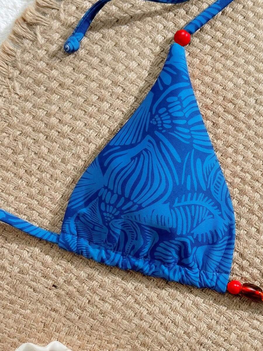 Swim Vcay New Women's Fashion Sexy Orange Floral Print Side With Red Bead Detail Bikini Set For Beach, Vacation, Pool, Spring & Summer
