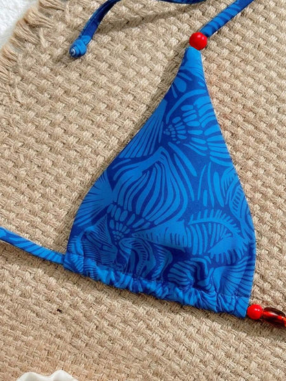 Swim Vcay New Women's Fashion Sexy Orange Floral Print Side With Red Bead Detail Bikini Set For Beach, Vacation, Pool, Spring & Summer