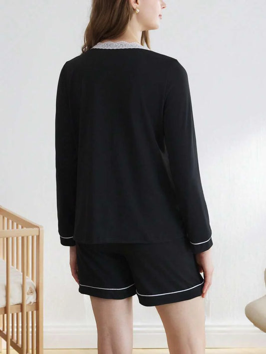Maternity Contrast Lace Long Sleeve Button-Up Pajama Set - 2 Piece Black Colorblock Sleepwear - High Stretch Knitted Top and Shorts Lounge Set