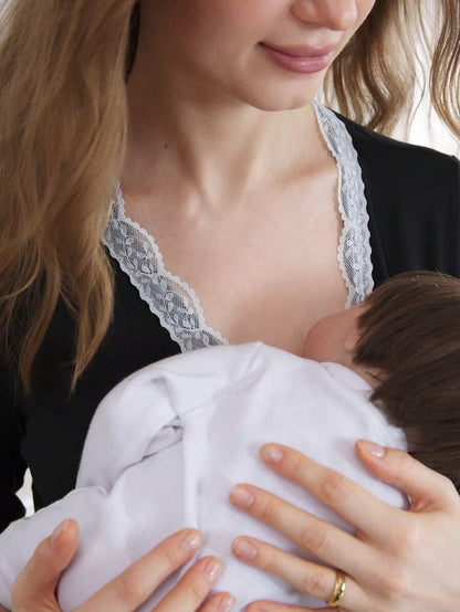 Maternity Contrast Lace Long Sleeve Button-Up Pajama Set - 2 Piece Black Colorblock Sleepwear - High Stretch Knitted Top and Shorts Lounge Set