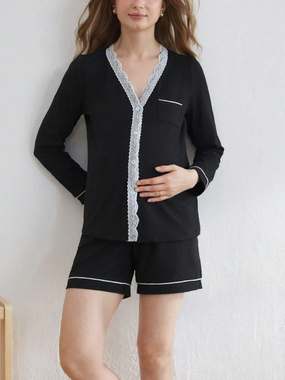 Maternity Contrast Lace Long Sleeve Button-Up Pajama Set - 2 Piece Black Colorblock Sleepwear - High Stretch Knitted Top and Shorts Lounge Set