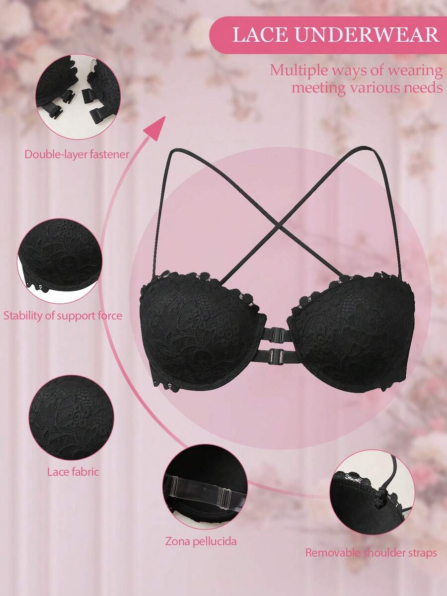 1pc Women's Underwire Front Closure Lace Bra, Sexy & Comfortable Lift And Support