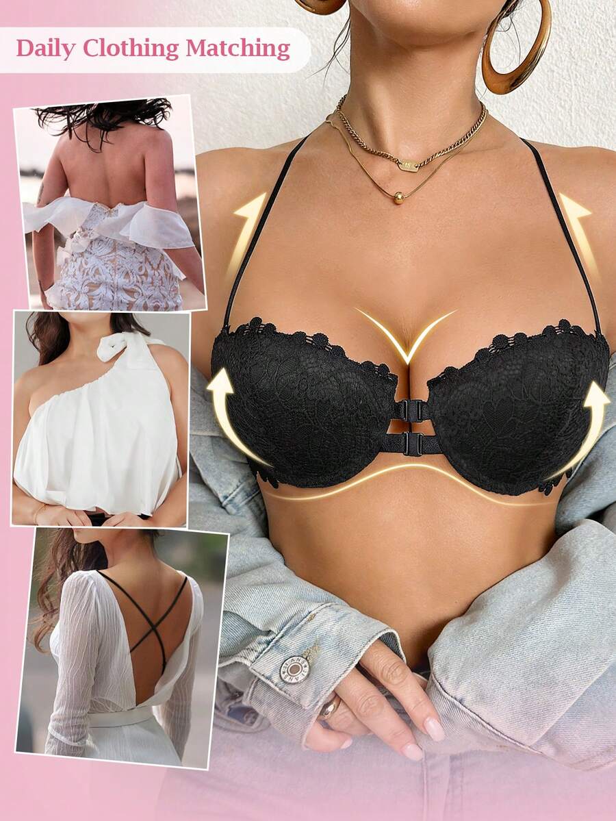 1pc Women's Underwire Front Closure Lace Bra, Sexy & Comfortable Lift And Support