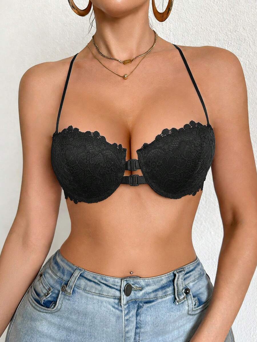1pc Women's Underwire Front Closure Lace Bra, Sexy & Comfortable Lift And Support