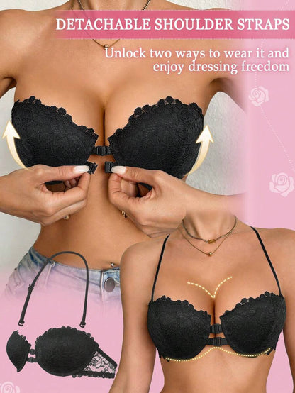 1pc Women's Underwire Front Closure Lace Bra, Sexy & Comfortable Lift And Support