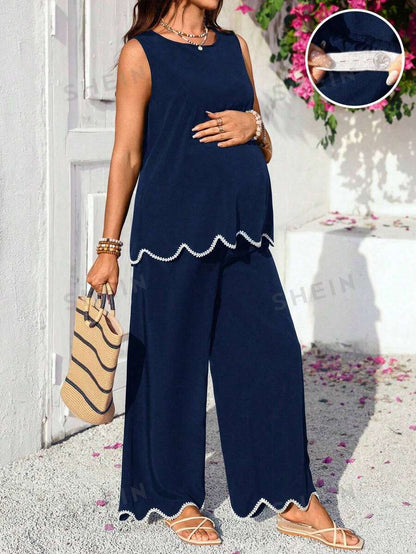 Maternity Round Neck Sleeveless Green 2 Piece Set Minimalist Camisole and Cropped Pants Casual Summer Outfit