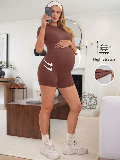 Coffee Brown Short Sleeve Maternity Unitard – High Waist Skinny Fit Solid Color Scoop Neck Summer Holiday Casual Bumpsuit