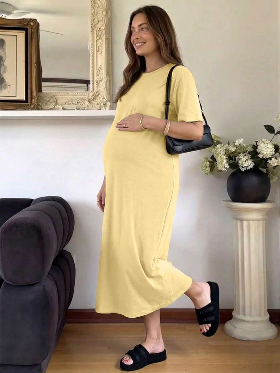 Maternity Casual Solid Color Short Sleeve Midi Dress Loose Fit Summer Tee Dress with Split Sleeves for Home and Daily Wear