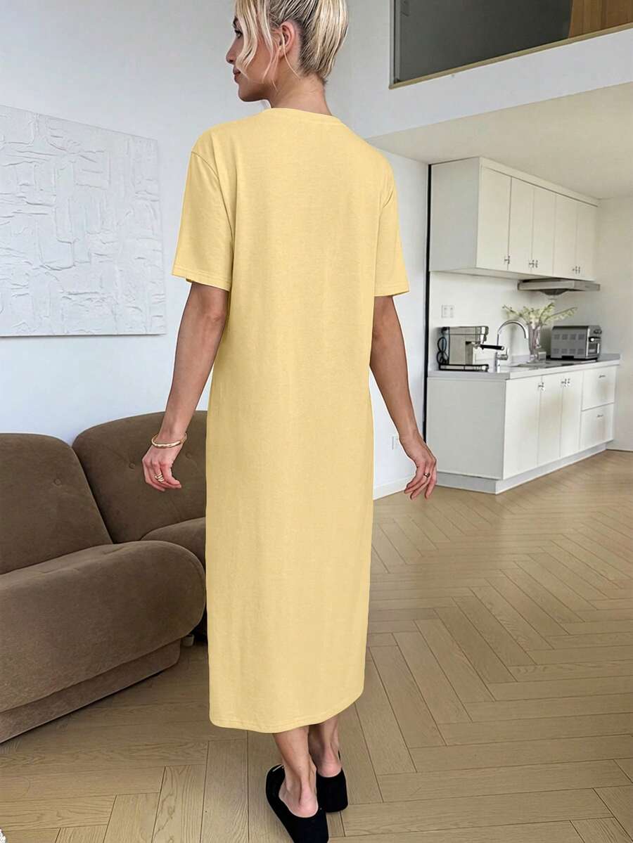Maternity Casual Solid Color Short Sleeve Midi Dress Loose Fit Summer Tee Dress with Split Sleeves for Home and Daily Wear
