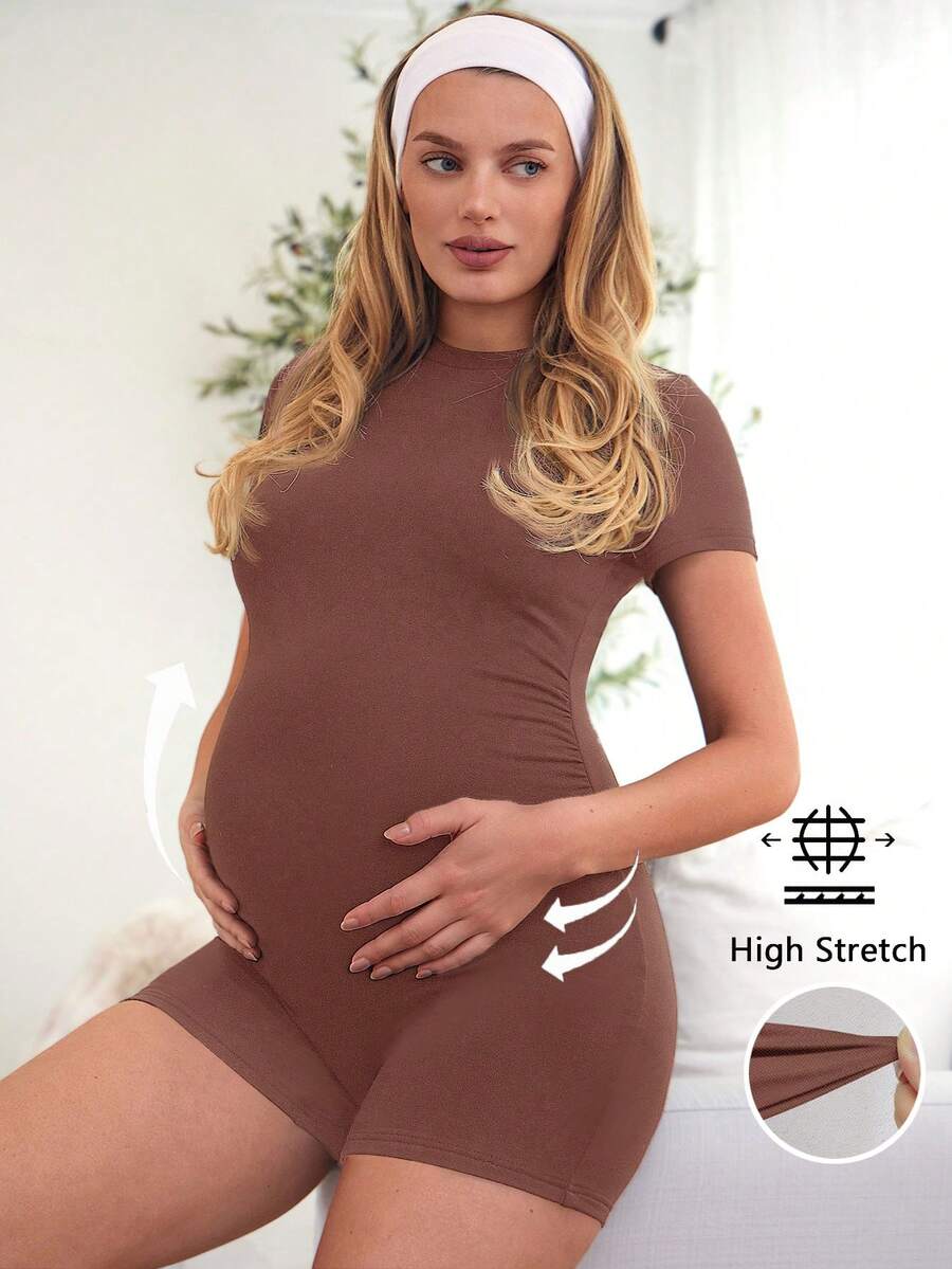 Coffee Brown Short Sleeve Maternity Unitard – High Waist Skinny Fit Solid Color Scoop Neck Summer Holiday Casual Bumpsuit