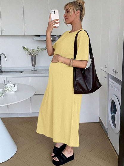 Maternity Casual Solid Color Short Sleeve Midi Dress Loose Fit Summer Tee Dress with Split Sleeves for Home and Daily Wear