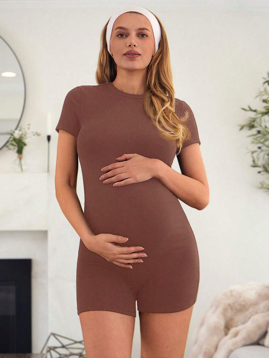 Coffee Brown Short Sleeve Maternity Unitard – High Waist Skinny Fit Solid Color Scoop Neck Summer Holiday Casual Bumpsuit