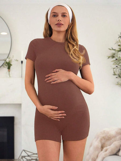 Coffee Brown Short Sleeve Maternity Unitard – High Waist Skinny Fit Solid Color Scoop Neck Summer Holiday Casual Bumpsuit