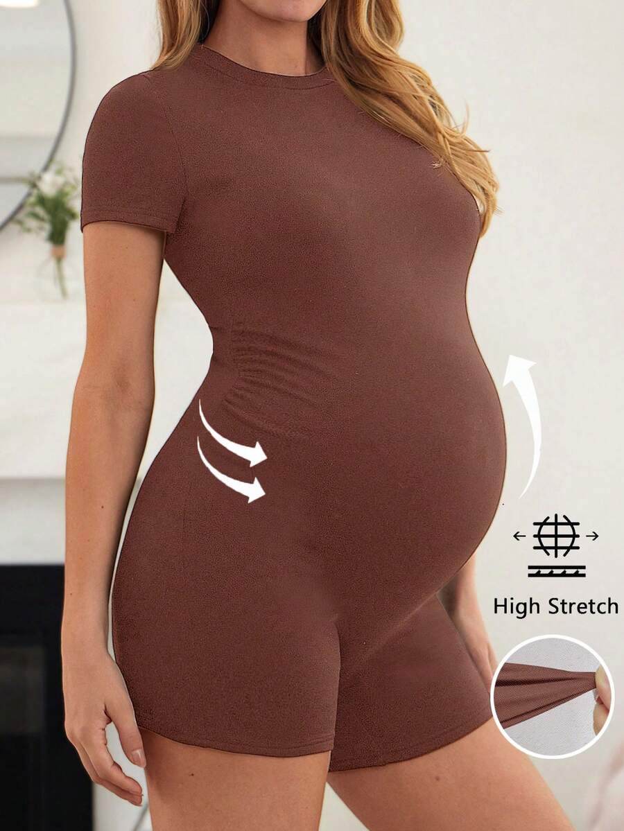 Coffee Brown Short Sleeve Maternity Unitard – High Waist Skinny Fit Solid Color Scoop Neck Summer Holiday Casual Bumpsuit