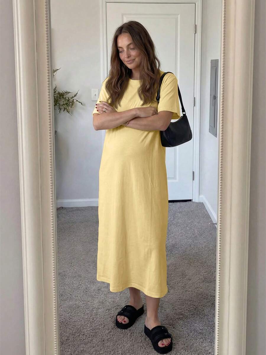 Maternity Casual Solid Color Short Sleeve Midi Dress Loose Fit Summer Tee Dress with Split Sleeves for Home and Daily Wear